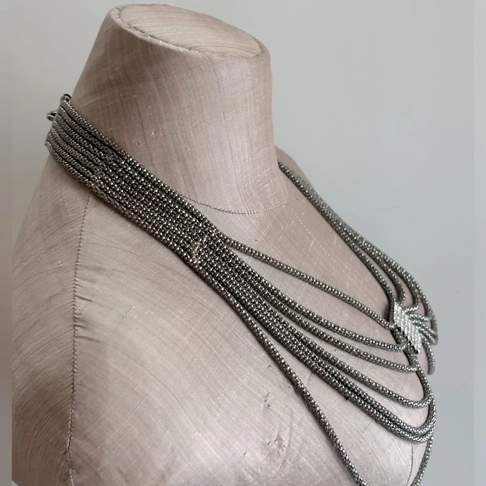 Dark Silver Tone Mesh Layered Swag Chest Chain Statement Necklace with‎ Crystal